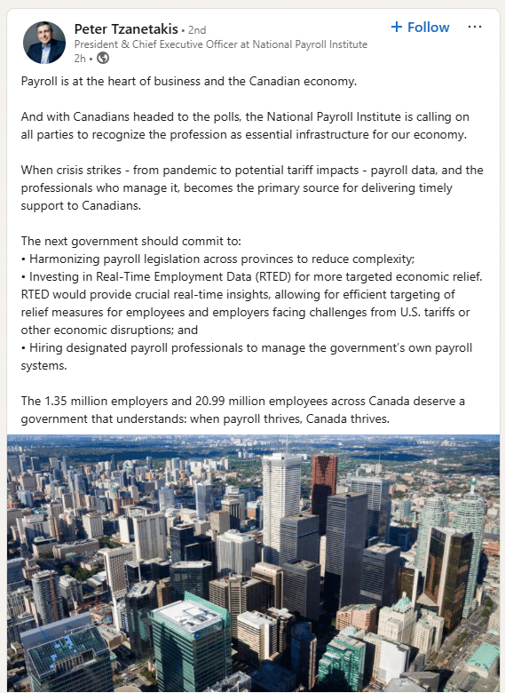 Peter Tzanetakis - President and CEO of the National Payroll Institute - LinkedIn Post
