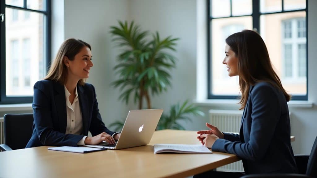 two women in professional attire talking