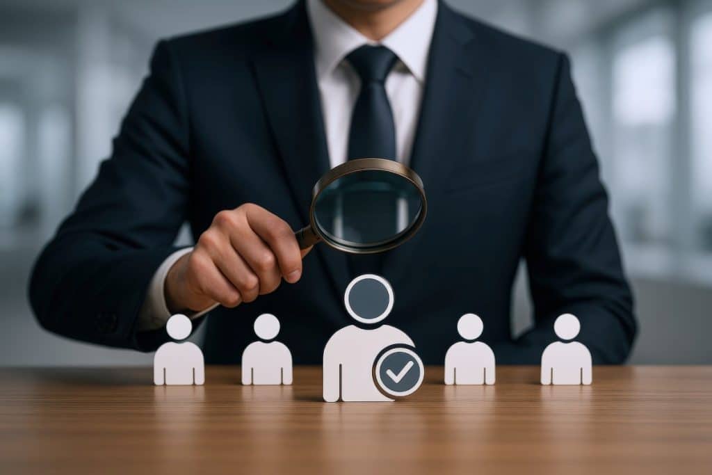 Business Professional Using Magnifying Glass to Analyze Potential Candidates