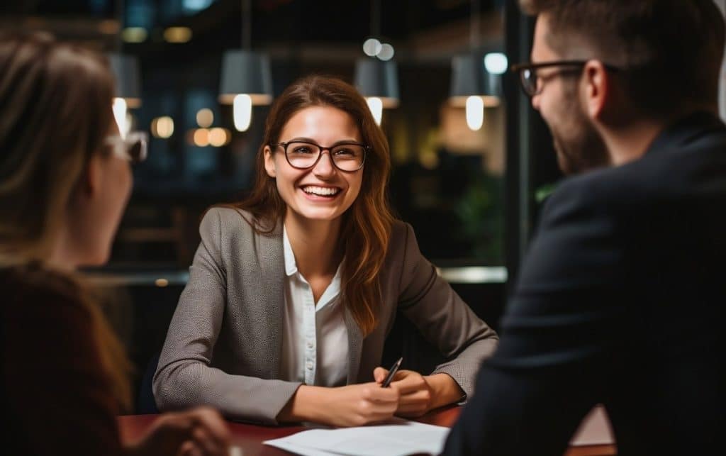 people smiling in an office during a job interview