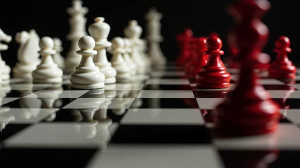 Chess pieces on a black and white checkered board