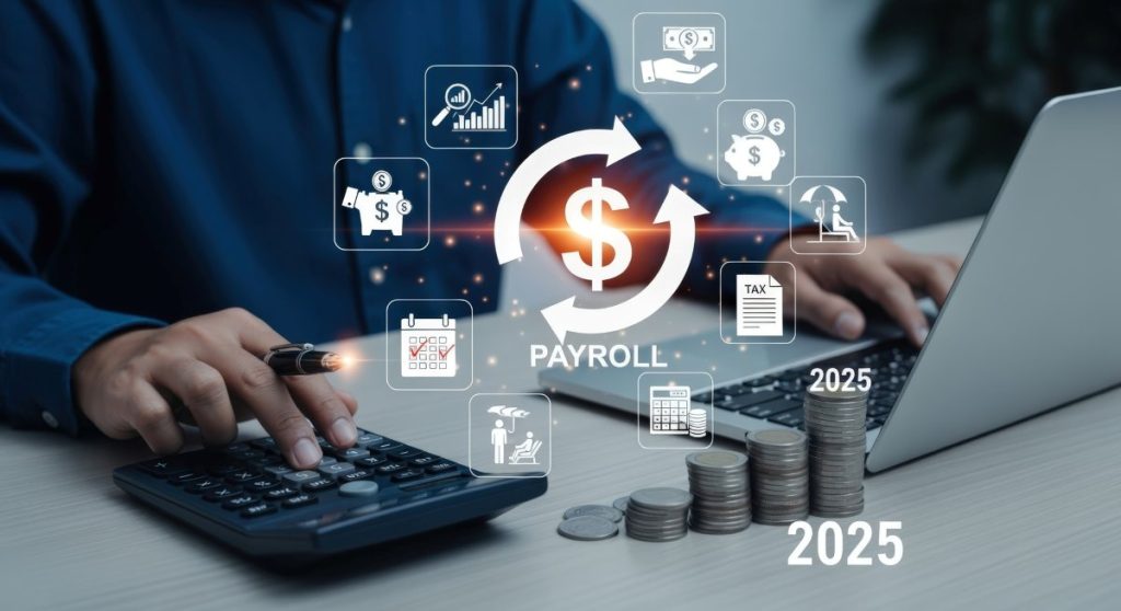Payroll Management Solutions Businessman Calculating Finances and Planning Budget with Digital Interface for 2025
