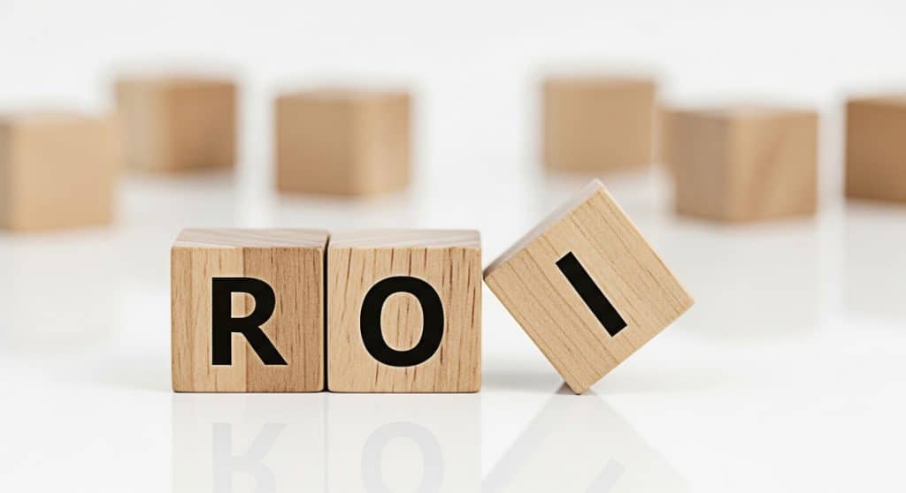 word roi spelled on small wooden blocks